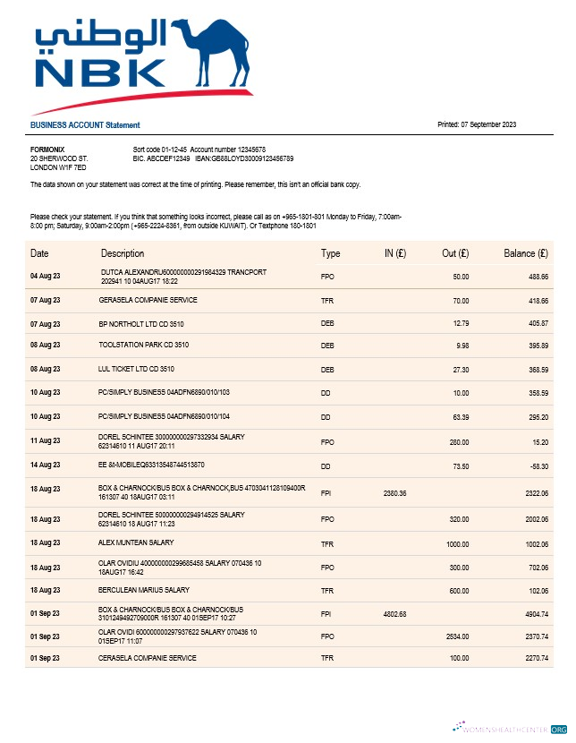 Download NBK Bank business statement Word and PDF template Photoshop template